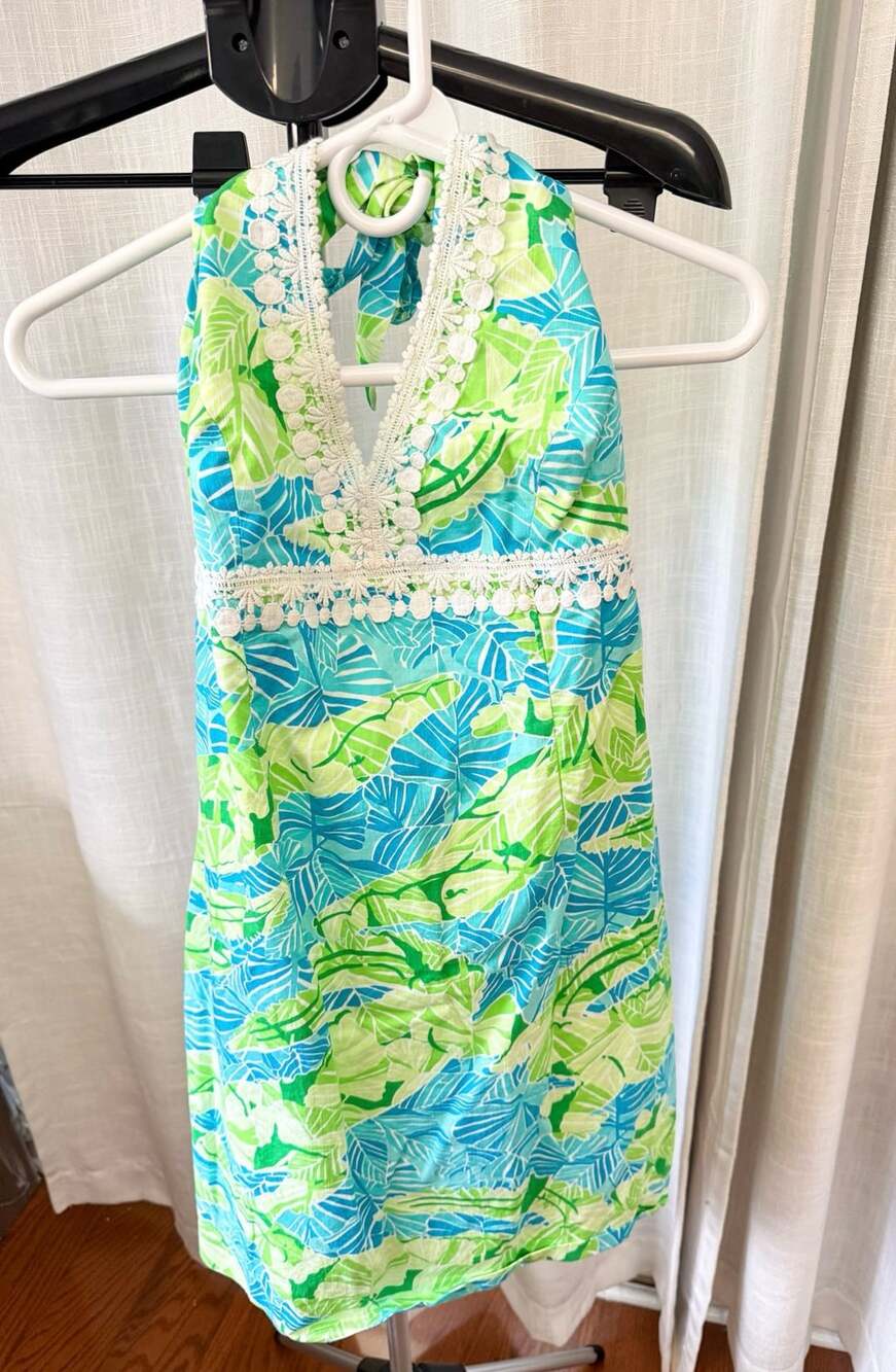 Lilly Pulitzer Halter Dress Women Size 6 Blue Green Leaf Print